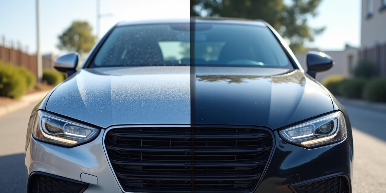 Before and after comparison of a sedan's exterior, showing a dull finish transformed to a glossy shine.