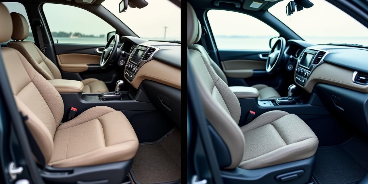 Before and after comparison of an SUV's interior, showing a stained interior made immaculately clean.