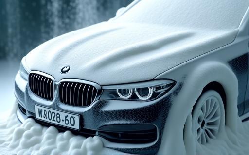 풍부한 거품으로 덮인 차량